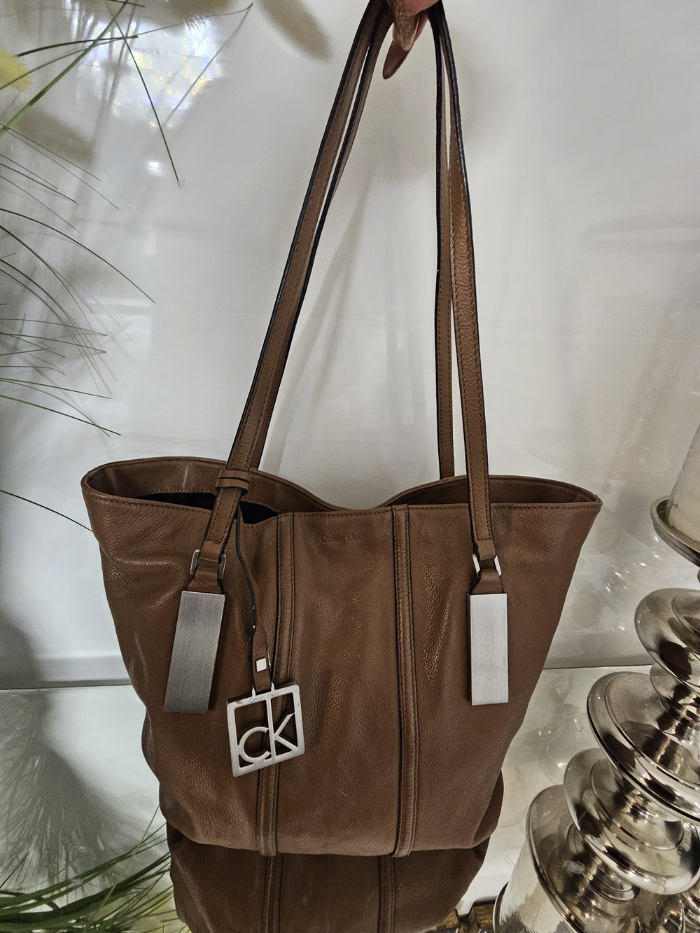Calvin Klein Brown Leather Shoulder Tote with Silver Hardware